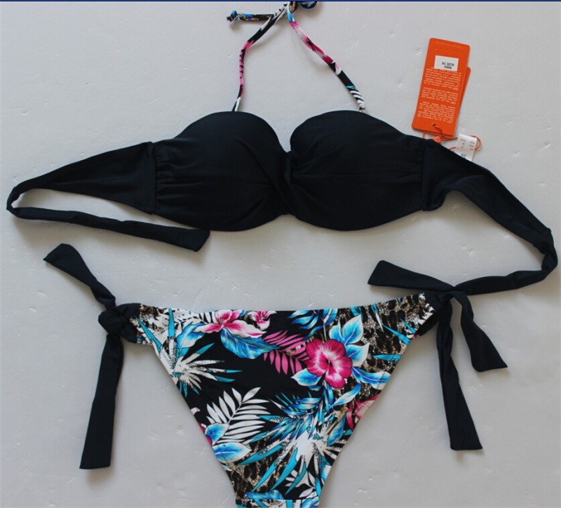 Women Print Bikini Swimsuits Push Up Bikini Set - Black