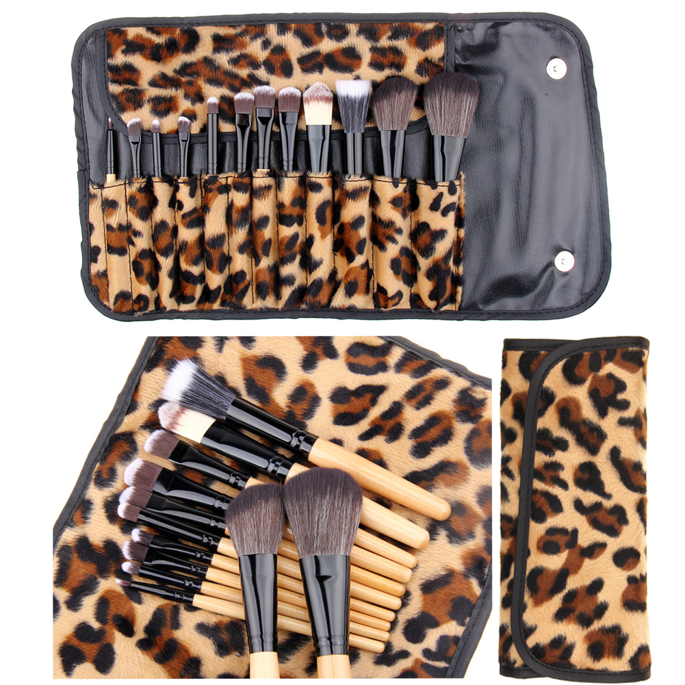 Designer 12 Pcs Leopard Makeup Brushes Set With Leather Bag