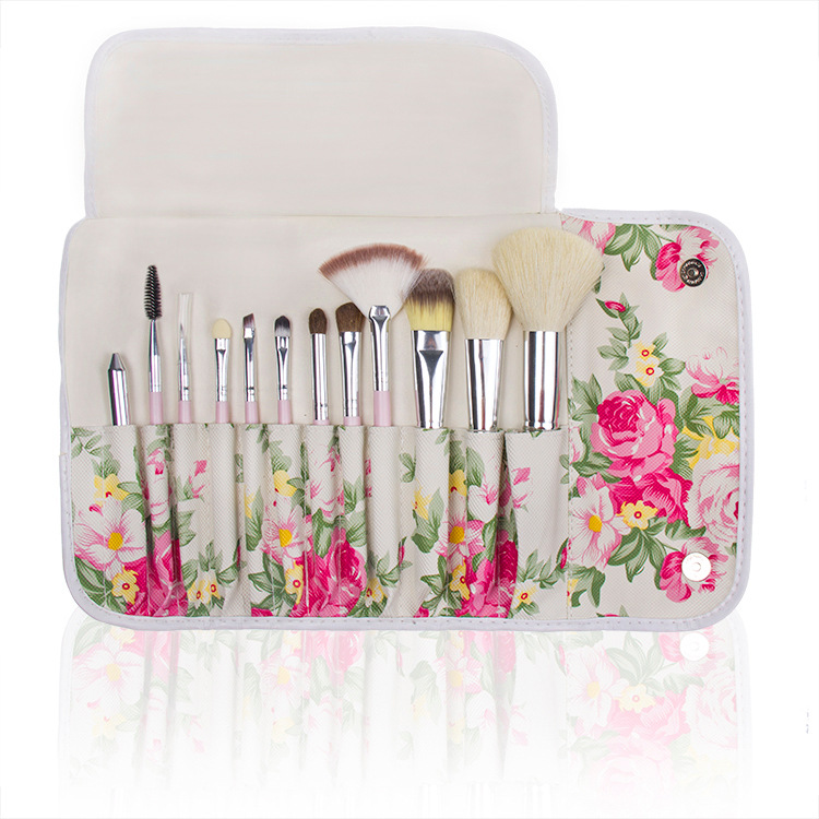 High Quality 12 Wool Makeup Brushes Set With Floral Bag