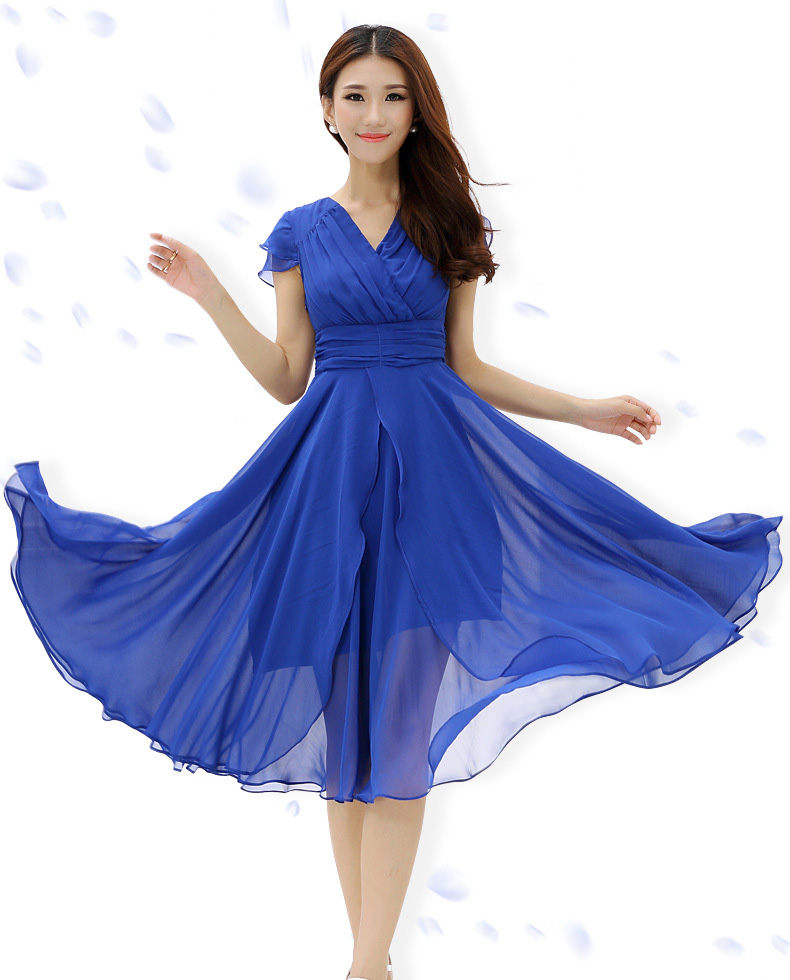 Fashion Layered High Waist Deep Chiffon Wrap Dress - Blue