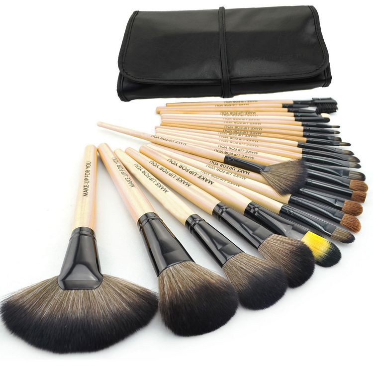 High Quality 24 Pcs/set Makeup Brushes Cosmetic Set Kit Packed In Black Leather Case - Wood
