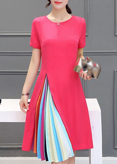 Short Sleeve Stripe Print Dress - Red