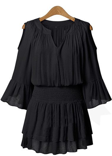 Fashion V Neck Flare Sleeve Dress - Black
