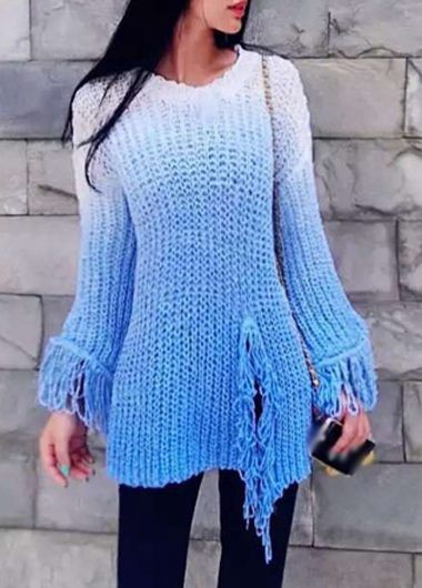 Fashion Round Neck Tassel Decorated Pullover Sweater - Blue