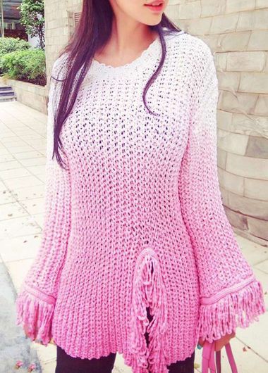 Fashion Round Neck Tassel Decorated Pullover Sweater - Pink