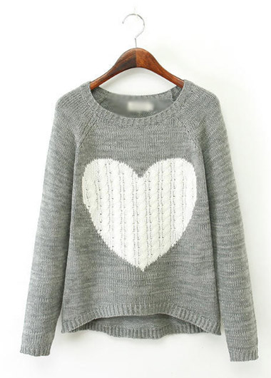 Cute Long Sleeve Heart Pattern Grey Asymmetric Sweater