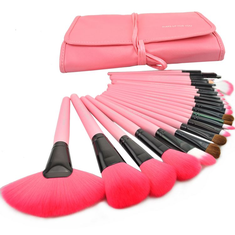 High Quality 24 Pcs/set Makeup Brush Cosmetic Set Kit Packed In High Quality Leather Case - Pink