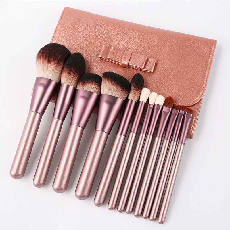 High Quality Goat Hair Makeup 12 PCs Brushes Cosmetic Make Up Set With Leather Bag Kit