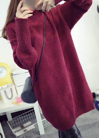 Fashion Loose Knitted Turtleneck Long Sweater - Wine Red