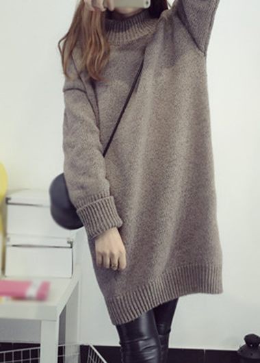 Fashion Loose Knitted Turtleneck Long Sweater - Khaki