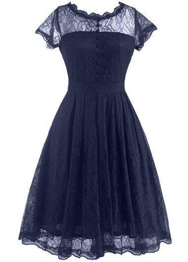 Fashion V Back Cap Sleeve Lace Skater Dress - Navy Blue
