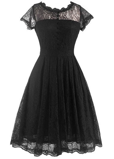 Fashion V Back Cap Sleeve Lace Skater Dress - Black