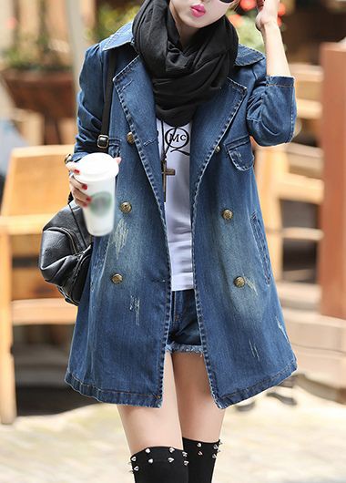 High Quality Notch Collar Double Breasted Denim Trench Coat