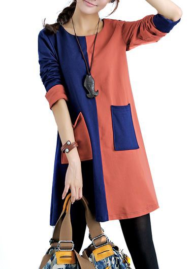 Casual Round Neck Color Block Patchwork Dress