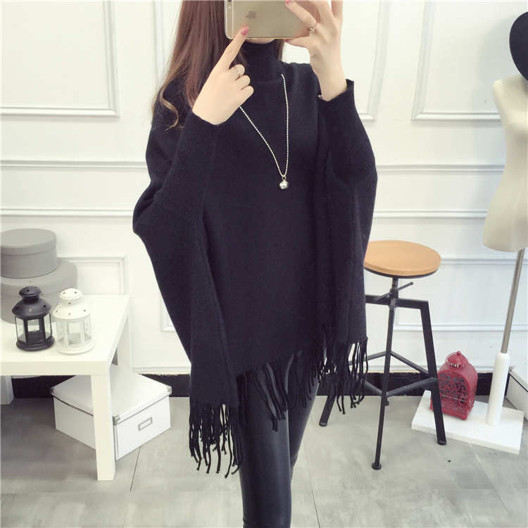 High Quality Casual Turtleneck Batwing Sleeve Sweater - Black