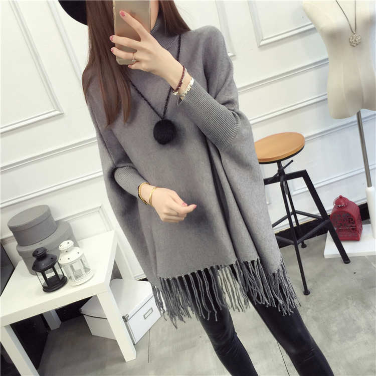 High Quality Casual Turtleneck Batwing Sleeve Sweaters - Grey