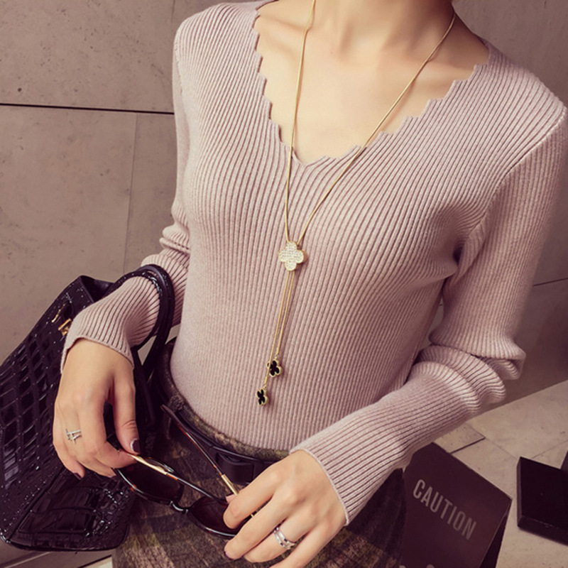 Style V Neck Long Sleeve Sweater - Khaki