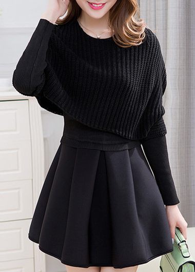 Fashion Top And Pleated Mini Sweater Dress - Black