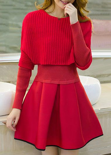 Fashion Top And Pleated Mini Sweater Dress - Red