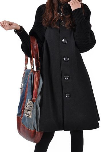 High Quality Button Closure Long Sleeve Swing Coat - Black