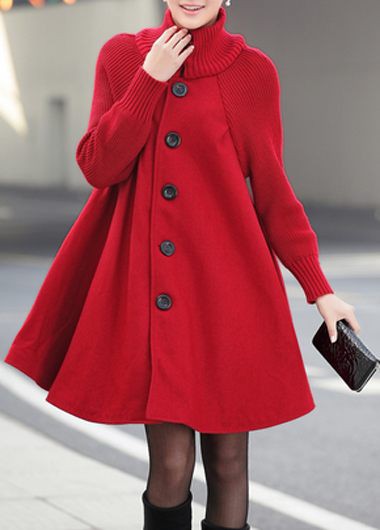 High Quality Button Closure Long Sleeve Swing Coat - Red