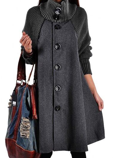 High Quality Button Closure Long Sleeve Swing Coat - Grey