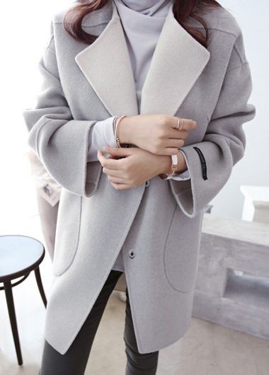 Causal Long Sleeve Pocket Design Light Grey Coat