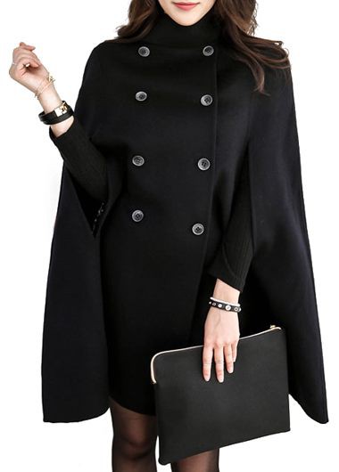 Causal Double Breasted Solid Cloak Long Coat - Black
