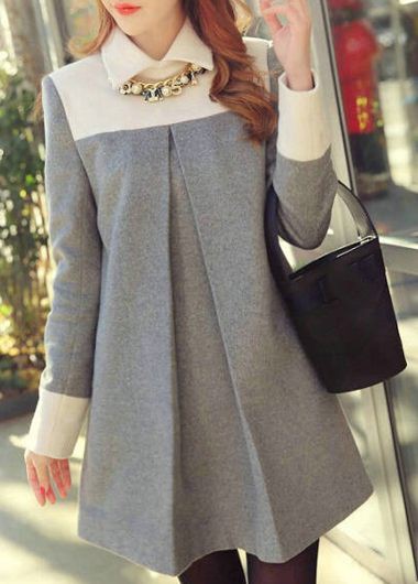 Causal Turndown Collar Long Sleeve Grey Straight Dress