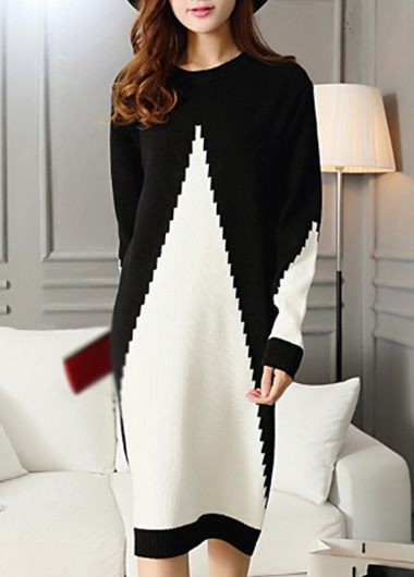 Fashion Long Sleeve Patchwork Design Sweater Dress - Black