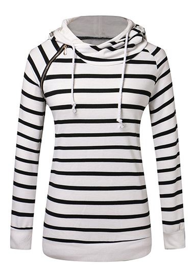 Fashion Hooded Collar Zipper Design Striped Pullover Sweatshirt - White