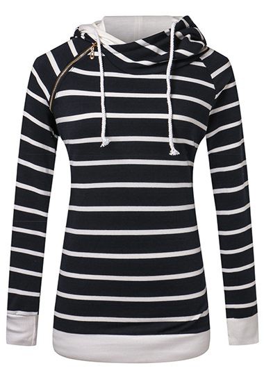 Fashion Hooded Collar Zipper Design Striped Pullover Sweatshirt - Black