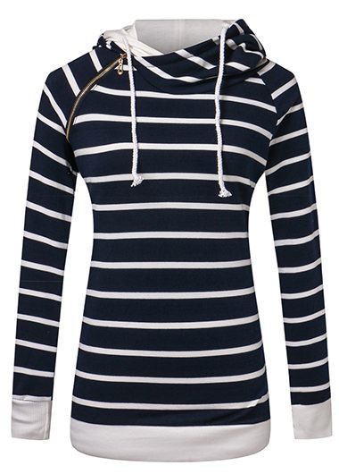 Fashion Hooded Collar Zipper Design Striped Pullover Sweatshirt - Navy Blue