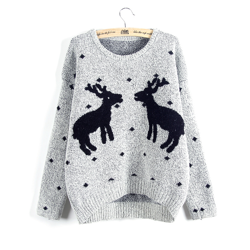 Cute And Fashion Two Elks Pullover Christmas Sweater - Grey