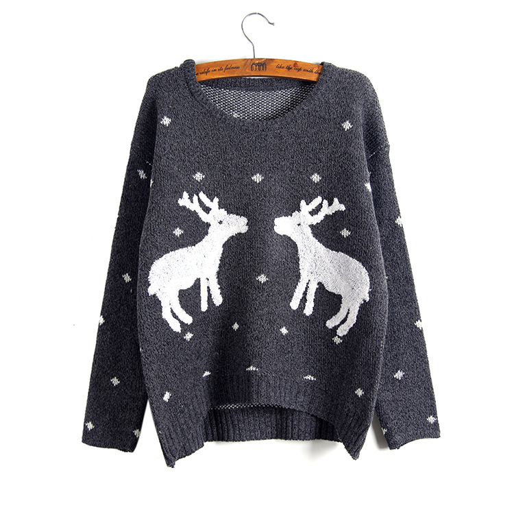 Cute And Fashion Two Giraffes Pullover Sweater - Dark Grey