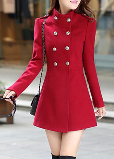 Good Quality High Neck Double Breasted Back Belt Coat- Red