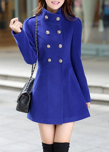 Good Quality High Neck Double Breasted Back Belt Coat- Blue