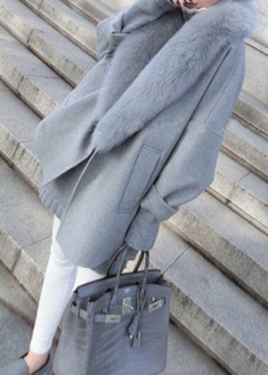 Casual Pocket Design Long Sleeve Faux Fur Collar Coat - Grey