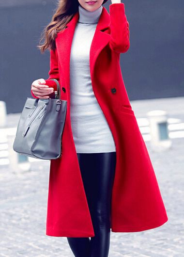 Fashion Long Sleeve Turndown Collar Pocket Design Coat - Red