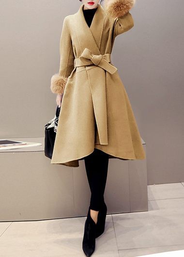 High Quality Long Sleeve Asymmetric Hem Faux Fur Decorated Coat - Light Tan