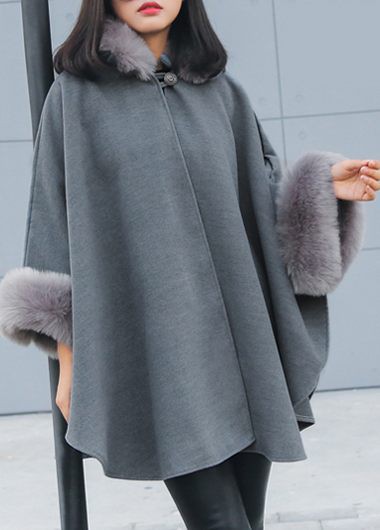 High Quality Long Sleeve Faux Fur Design Cloak Coat - Grey