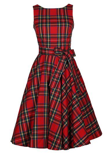 Red Plaid Knee Length A-line Dress Featuring Sleeveless Bodice With Jewel Neckline And Bow Accent Belt