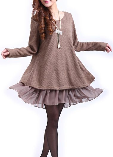 Fashion Long Sleeve Bowknot Decorated Sweater Dress - Khaki