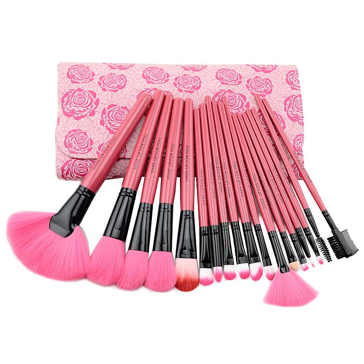 Pink Floral 18pcs Professional Makeup Brush Set Make Up Sets Tools With Leather Case