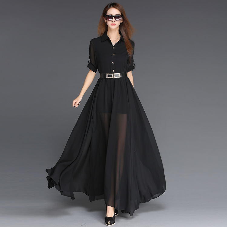 Good Quality Fashion Button Chiffon Mid Sleeve Maxi Dress - Black
