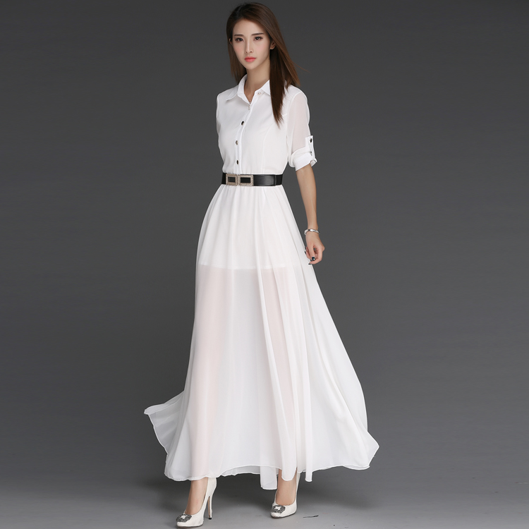Good Quality Fashion Button Chiffon Mid Sleeve Maxi Dress - White
