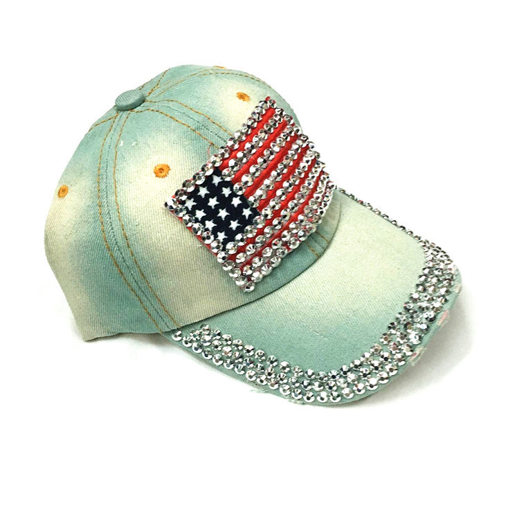 The American Flag Diamond Baseball Cap Hat For Women - Light Blue