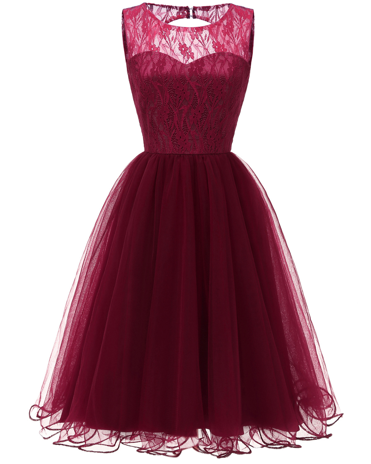 Lace Patchwork Women Vintage Dress Autumn Summer Sleeveless Hollow Party Dress - Wine Red
