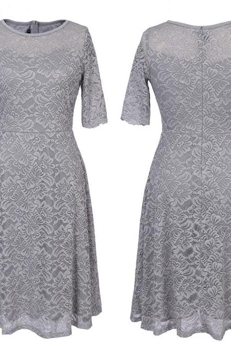 Elegant and Fashion Mid Sleeve Lace A-Line Dress -Grey