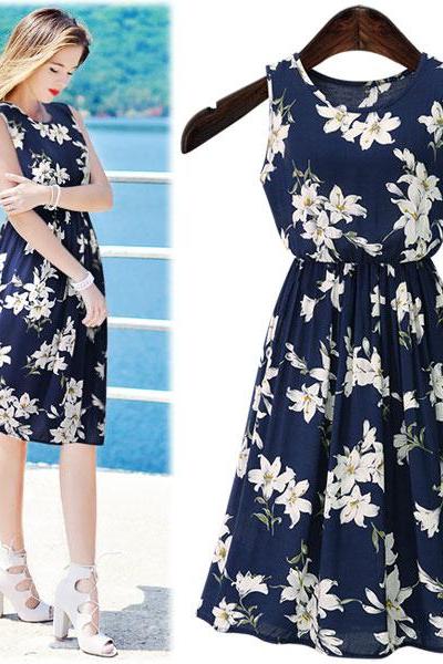 White Floral Print Navy Blue Crew Neck Sleeveless Knee Length A-Line Dress 